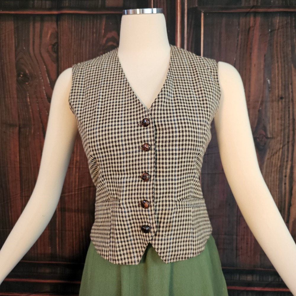 Vintage 1990s Calvin Klein Houndstooth Vest Tan Black Cinch Back Waistcoat Wool